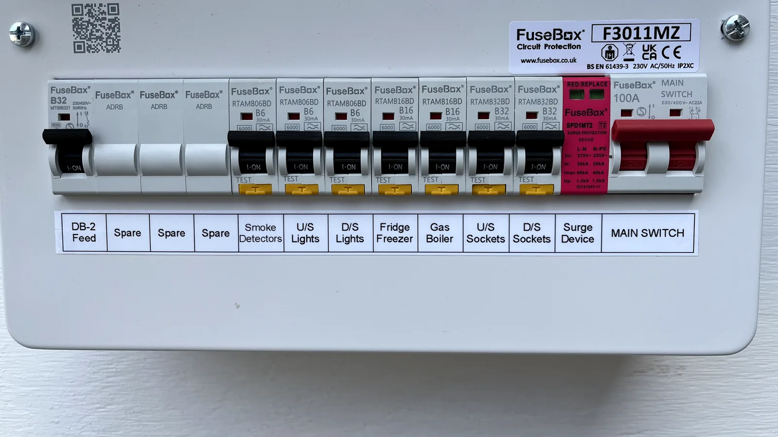 Modern RCBO consumer unit wired and labelled by Dorset Rewires, with every circuit individually protected and Type 2 surge protection
