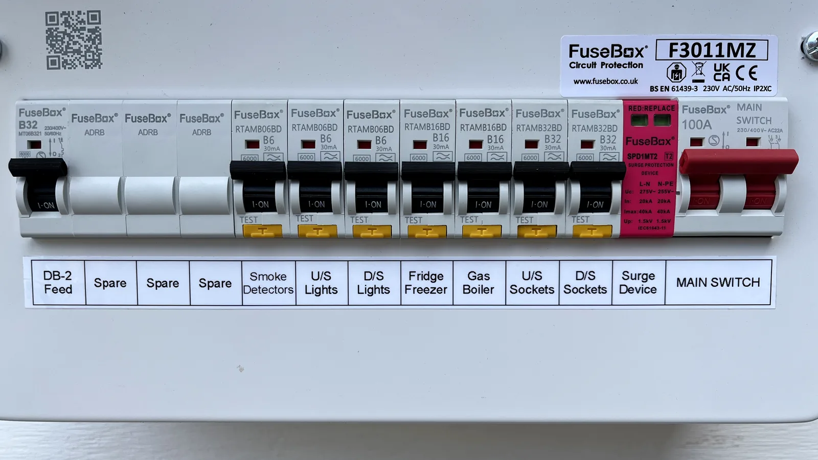 A 12-way FuseBox RCBO consumer unit with every circuit clearly labelled: lights, sockets, smoke detectors, boiler and surge protection