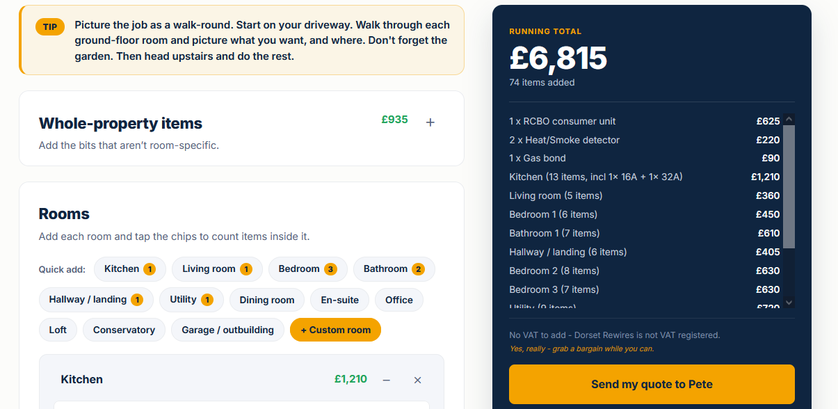 The Dorset Rewires instant quote calculator, with rooms added and a running total